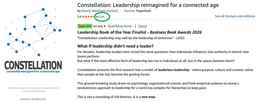 Amazon screenshot of Constellation book reviews reaching 50 5-star reviews